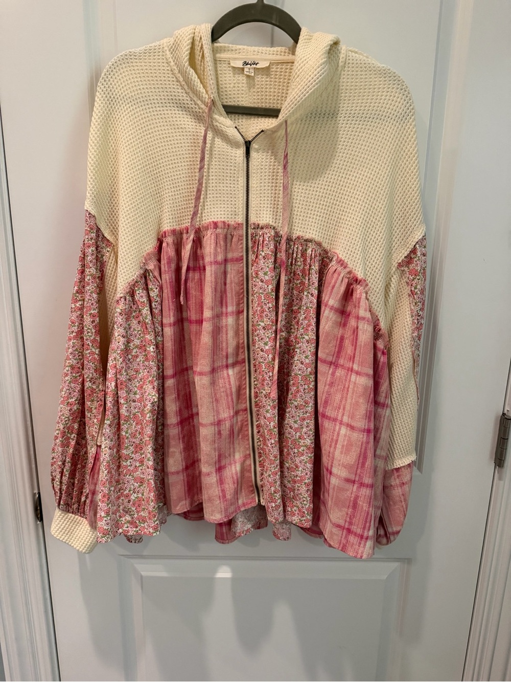 Blue Velvet Pink Floral Plaid Patchwork Oversized Hoodie Jacket S